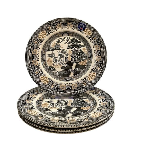 Royal Stafford Black Gold Asian Garden Willow Pagoda Dinner Plates Set of 4 New - Picture 5 of 16
